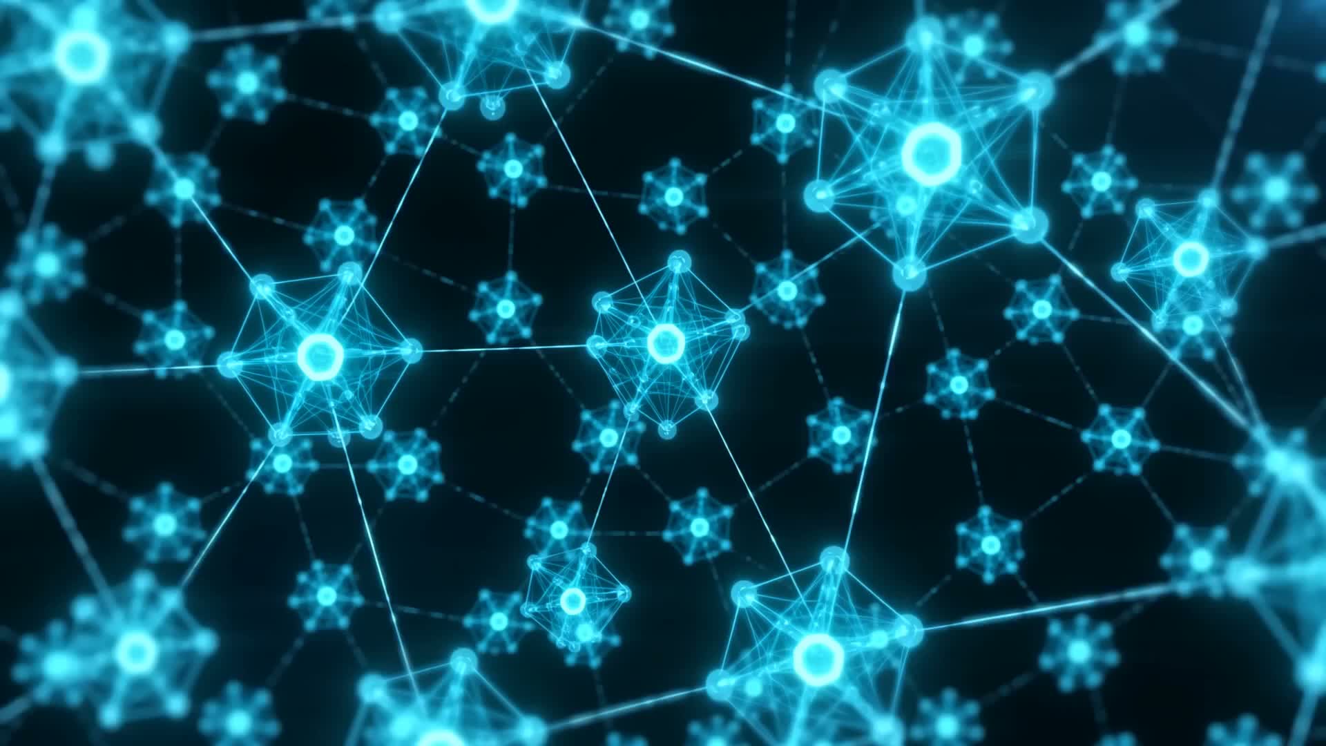 A glowing network of connected nodes in cyan and blue on near-black, the opening frame of a camera move that pulls back through a tunnel of light to a phone showing an incoming ReceptionAide call on a dark floor, which collapses into a streak of light and opens into the ReceptionAide logo.