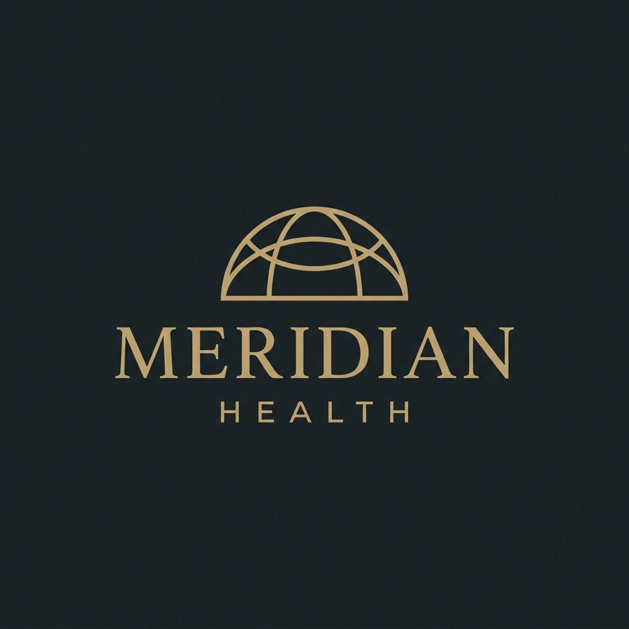 Meridian Health emblem, a gold meridian dome over the wordmark